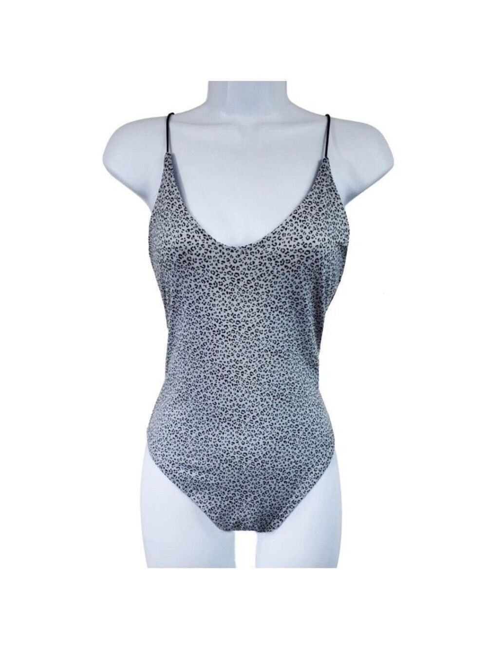 Gaze Gray Black Leopard Print Bodysuit Spaghetti Strap Stretch Fitted Small - Picture 6 of 15